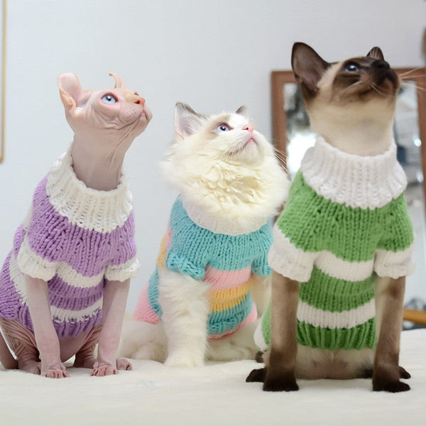 HKM-2275517 Handmade Wool Sweater for Hairless Cats - Multi-Color Stripes, Various Sizes Available