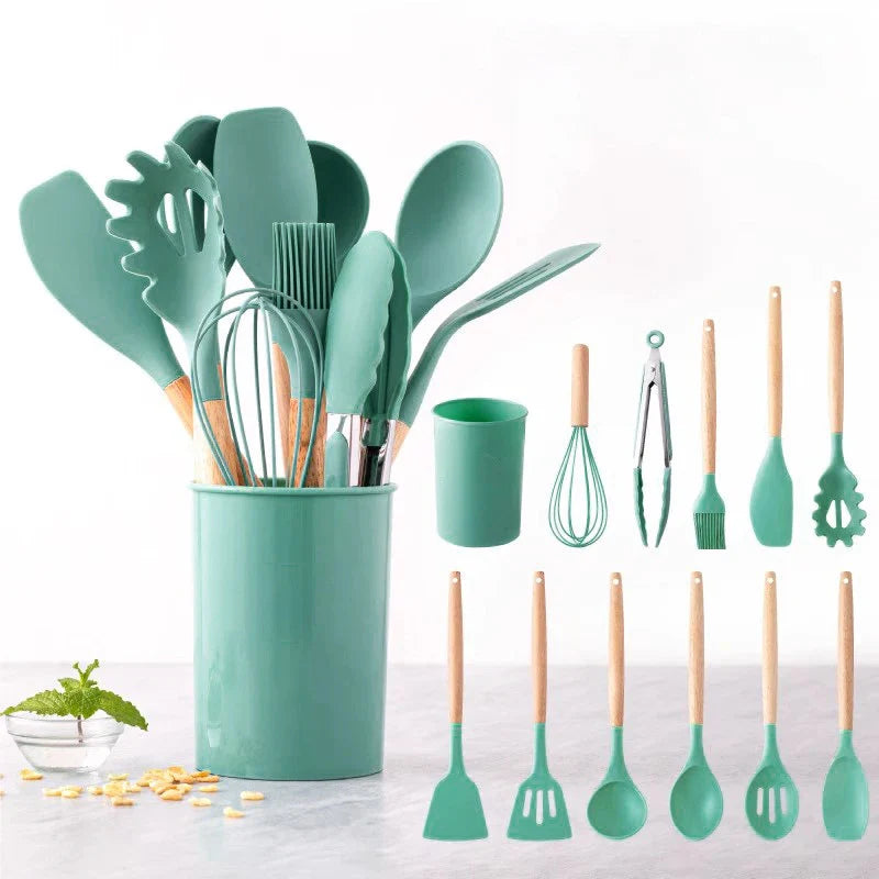 HKM-227731 12-Piece Silicone Kitchen Utensil Set with Storage Bucket - High Temperature Resistant Cooking Tools