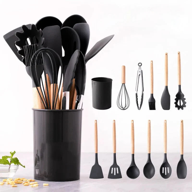 HKM-227731 12-Piece Silicone Kitchen Utensil Set with Storage Bucket - High Temperature Resistant Cooking Tools