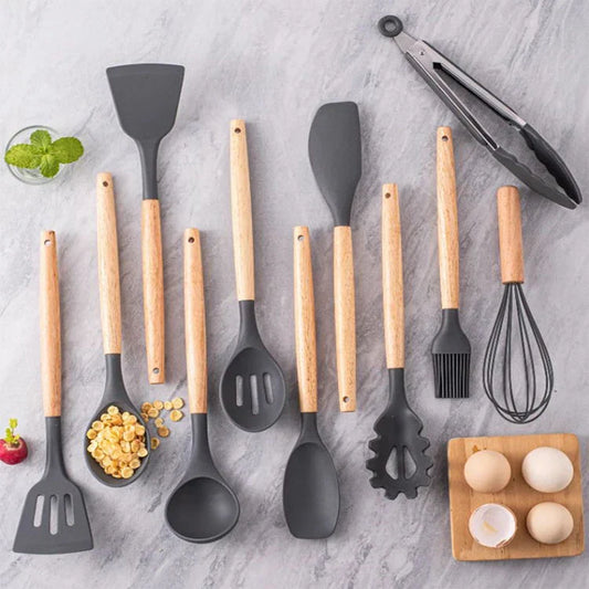 HKM-227731 12-Piece Silicone Kitchen Utensil Set with Storage Bucket - High Temperature Resistant Cooking Tools
