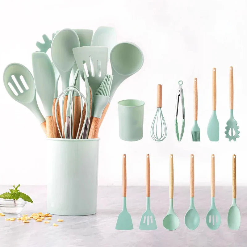 HKM-227731 12-Piece Silicone Kitchen Utensil Set with Storage Bucket - High Temperature Resistant Cooking Tools