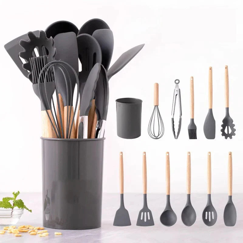 HKM-227731 12-Piece Silicone Kitchen Utensil Set with Storage Bucket - High Temperature Resistant Cooking Tools