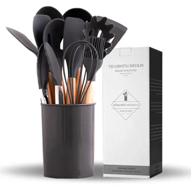 HKM-227731 12-Piece Silicone Kitchen Utensil Set with Storage Bucket - High Temperature Resistant Cooking Tools