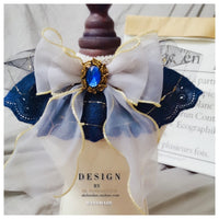 HKM-2279485 Handmade Sapphire Bow Collar Bib for Cats and Dogs with Long Scarf Design