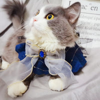 HKM-2279485 Handmade Sapphire Bow Collar Bib for Cats and Dogs with Long Scarf Design