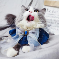 HKM-2279485 Handmade Sapphire Bow Collar Bib for Cats and Dogs with Long Scarf Design