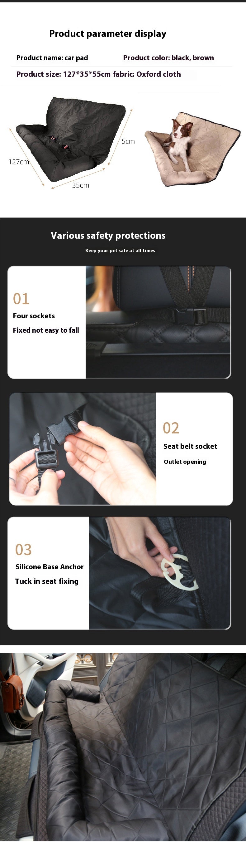 HKM-2282301 Rear Car Dog Bed Mat in Black and Khaki Cotton for Pet Comfort