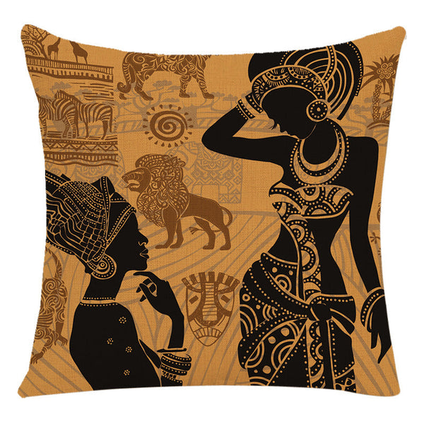 HKM-228307 African Woman National Style Cushion Cover for Living Room and Bedroom - Linen & PP Cotton, 45x45cm