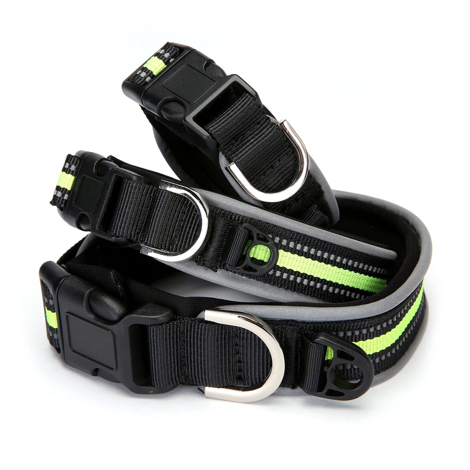 HKM-2291005 Reflective Nylon Adjustable Dog Collar in Black and Green - Sizes S, M, L, XL
