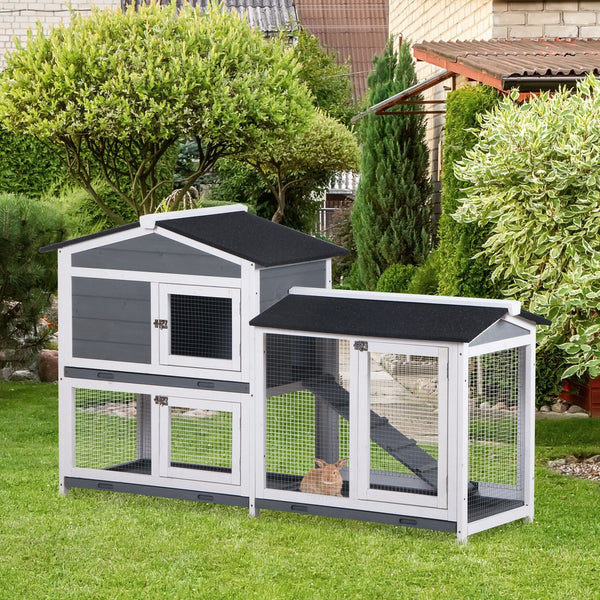 HKM-2292669 2-Tier Wooden Indoor Rabbit Hutch with Ramp and Run Area for Small Animals