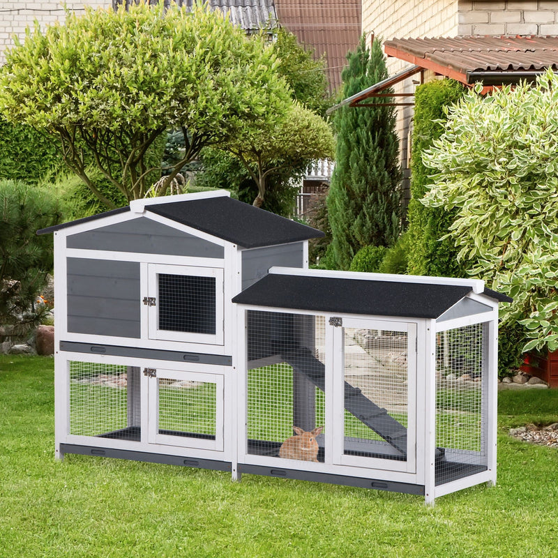 HKM-2292669 2-Tier Wooden Indoor Rabbit Hutch with Ramp and Run Area for Small Animals