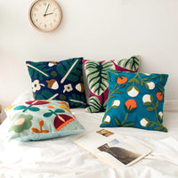 HKM-229395 Cotton Embroidery Blue Pillowcase Featuring Spring Flower and Plant Designs