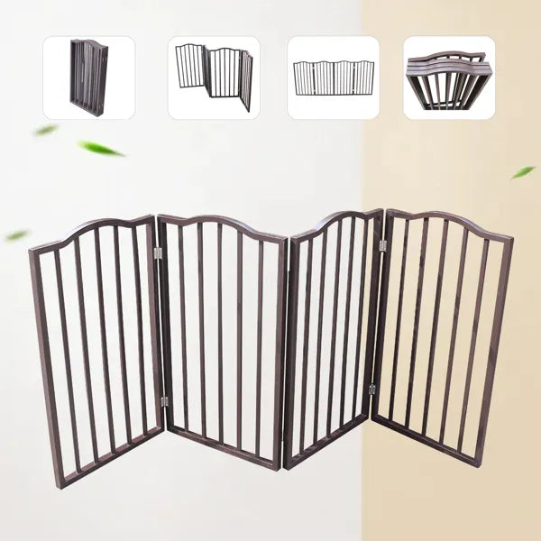 HKM-2294461 Freestanding Folding Pet Gate - Stylish Dark Brown Wooden Barrier for Doorways and Stairs