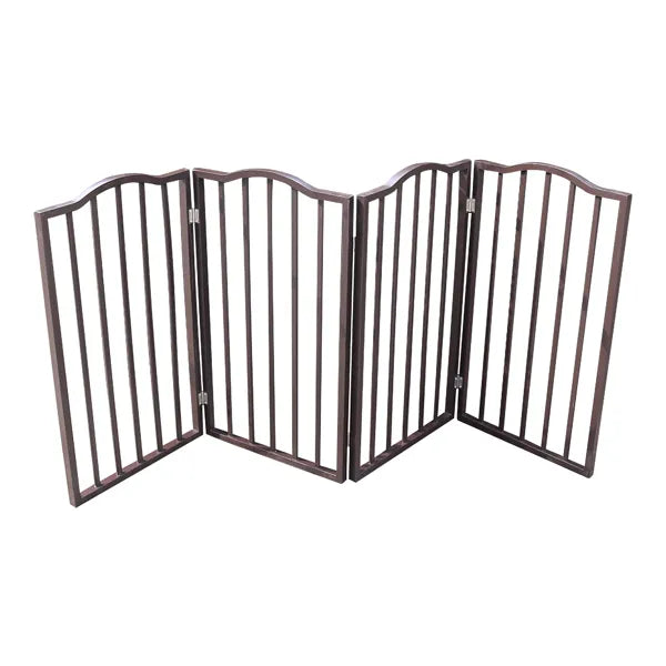 HKM-2294461 Freestanding Folding Pet Gate - Stylish Dark Brown Wooden Barrier for Doorways and Stairs