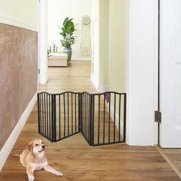 HKM-2294461 Freestanding Folding Pet Gate - Stylish Dark Brown Wooden Barrier for Doorways and Stairs