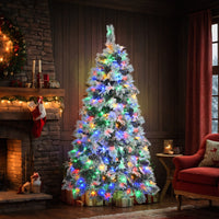 HKM-229459 6-Foot Snow-Covered Spruce Christmas Tree with 250 Pre-Installed LED Lights and Pine Cones