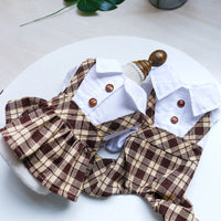 HKM-2297149 Couples Lovers' Spring Summer Dog Cat Overalls in Coffee Checkered Design