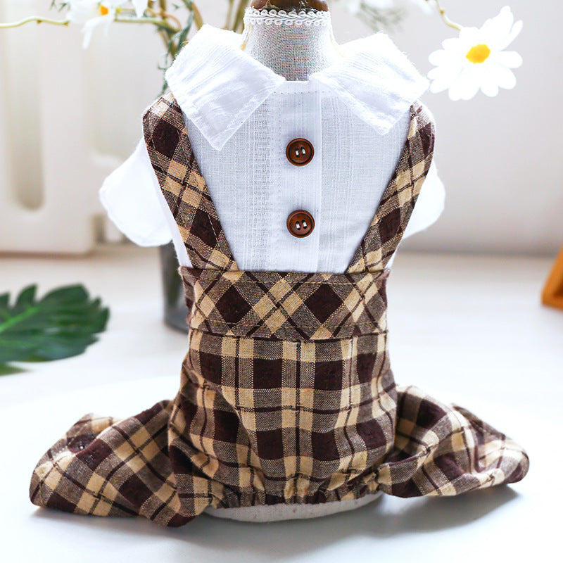 HKM-2297149 Couples Lovers' Spring Summer Dog Cat Overalls in Coffee Checkered Design