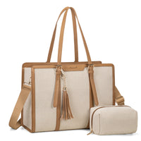 HKM-229715 Stylish 2-Piece Set PU Leather and Canvas Tote Bag for School, Shopping, and Casual Use, Versatile Crossbody and Shoulder Design for Women