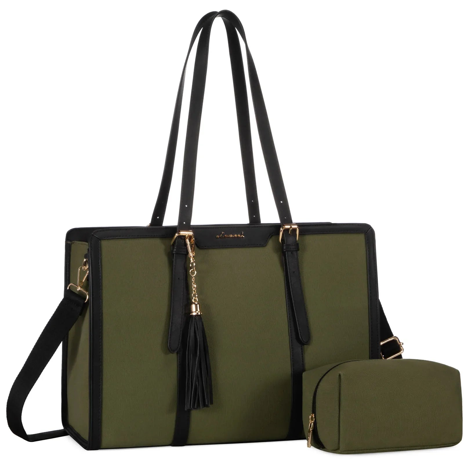 HKM-229715 Stylish 2-Piece Set PU Leather and Canvas Tote Bag for School, Shopping, and Casual Use, Versatile Crossbody and Shoulder Design for Women