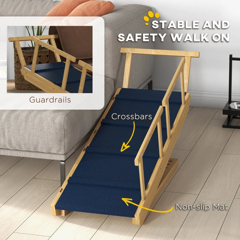 HKM-2300221 Adjustable Wooden Dog Ramp with Removable Guardrails for Safe Access to Beds and Sofas