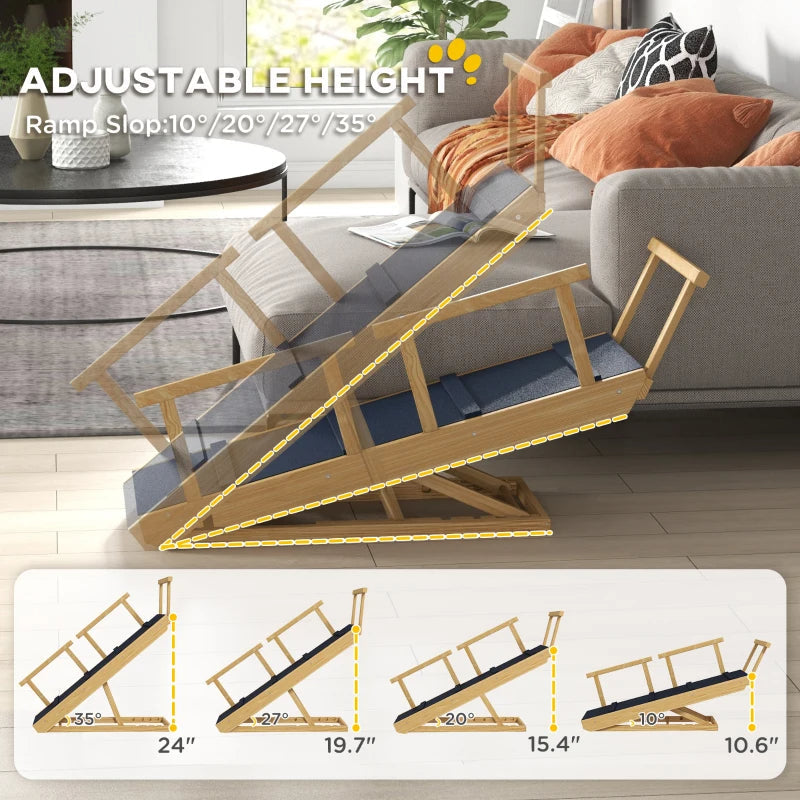 HKM-2300221 Adjustable Wooden Dog Ramp with Removable Guardrails for Safe Access to Beds and Sofas