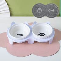 HKM-2300733 Ceramic Double Pet Bowl Set with Rack and Non-Slip Mat - Water and Food Bowl for Cats and Dogs