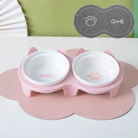 HKM-2300733 Ceramic Double Pet Bowl Set with Rack and Non-Slip Mat - Water and Food Bowl for Cats and Dogs
