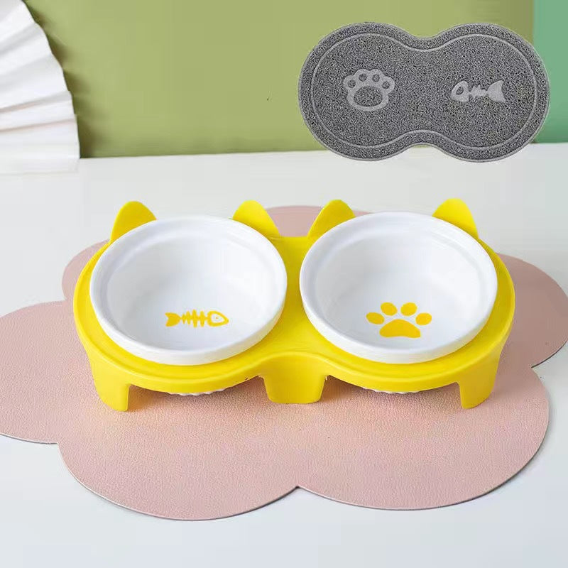 HKM-2300733 Ceramic Double Pet Bowl Set with Rack and Non-Slip Mat - Water and Food Bowl for Cats and Dogs
