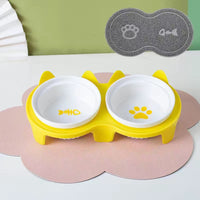 HKM-2300733 Ceramic Double Pet Bowl Set with Rack and Non-Slip Mat - Water and Food Bowl for Cats and Dogs