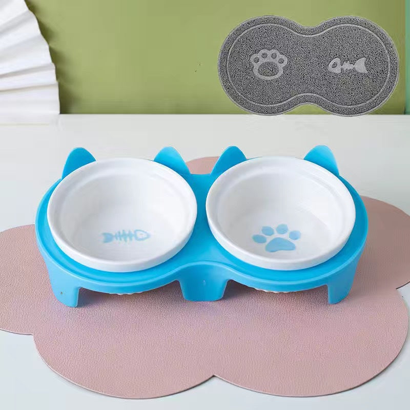 HKM-2300733 Ceramic Double Pet Bowl Set with Rack and Non-Slip Mat - Water and Food Bowl for Cats and Dogs