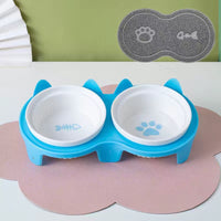 HKM-2300733 Ceramic Double Pet Bowl Set with Rack and Non-Slip Mat - Water and Food Bowl for Cats and Dogs