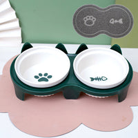 HKM-2300733 Ceramic Double Pet Bowl Set with Rack and Non-Slip Mat - Water and Food Bowl for Cats and Dogs