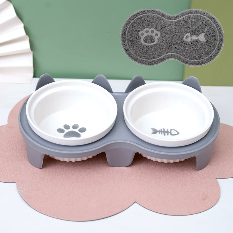 HKM-2300733 Ceramic Double Pet Bowl Set with Rack and Non-Slip Mat - Water and Food Bowl for Cats and Dogs