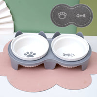 HKM-2300733 Ceramic Double Pet Bowl Set with Rack and Non-Slip Mat - Water and Food Bowl for Cats and Dogs