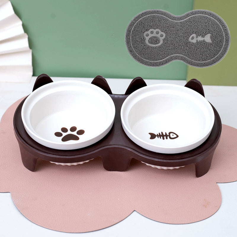 HKM-2300733 Ceramic Double Pet Bowl Set with Rack and Non-Slip Mat - Water and Food Bowl for Cats and Dogs