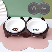 HKM-2300733 Ceramic Double Pet Bowl Set with Rack and Non-Slip Mat - Water and Food Bowl for Cats and Dogs