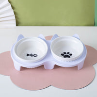 HKM-2300733 Ceramic Double Pet Bowl Set with Rack and Non-Slip Mat - Water and Food Bowl for Cats and Dogs