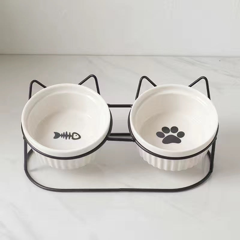 HKM-2300733 Ceramic Double Pet Bowl Set with Rack and Non-Slip Mat - Water and Food Bowl for Cats and Dogs