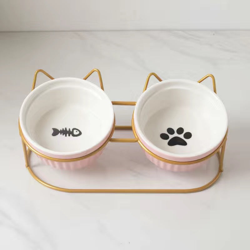 HKM-2300733 Ceramic Double Pet Bowl Set with Rack and Non-Slip Mat - Water and Food Bowl for Cats and Dogs