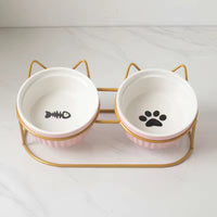 HKM-2300733 Ceramic Double Pet Bowl Set with Rack and Non-Slip Mat - Water and Food Bowl for Cats and Dogs