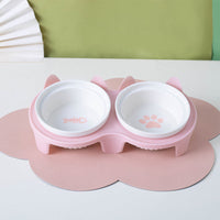 HKM-2300733 Ceramic Double Pet Bowl Set with Rack and Non-Slip Mat - Water and Food Bowl for Cats and Dogs