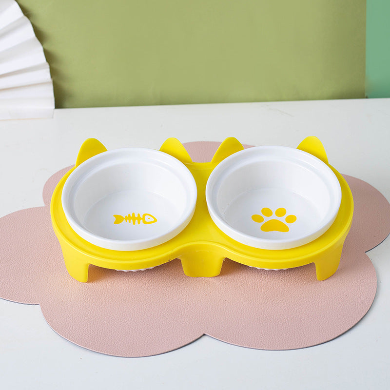HKM-2300733 Ceramic Double Pet Bowl Set with Rack and Non-Slip Mat - Water and Food Bowl for Cats and Dogs