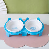 HKM-2300733 Ceramic Double Pet Bowl Set with Rack and Non-Slip Mat - Water and Food Bowl for Cats and Dogs
