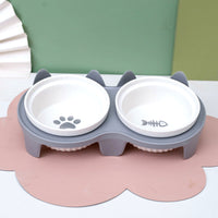 HKM-2300733 Ceramic Double Pet Bowl Set with Rack and Non-Slip Mat - Water and Food Bowl for Cats and Dogs