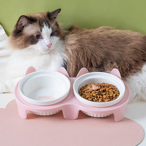 HKM-2300733 Ceramic Double Pet Bowl Set with Rack and Non-Slip Mat - Water and Food Bowl for Cats and Dogs