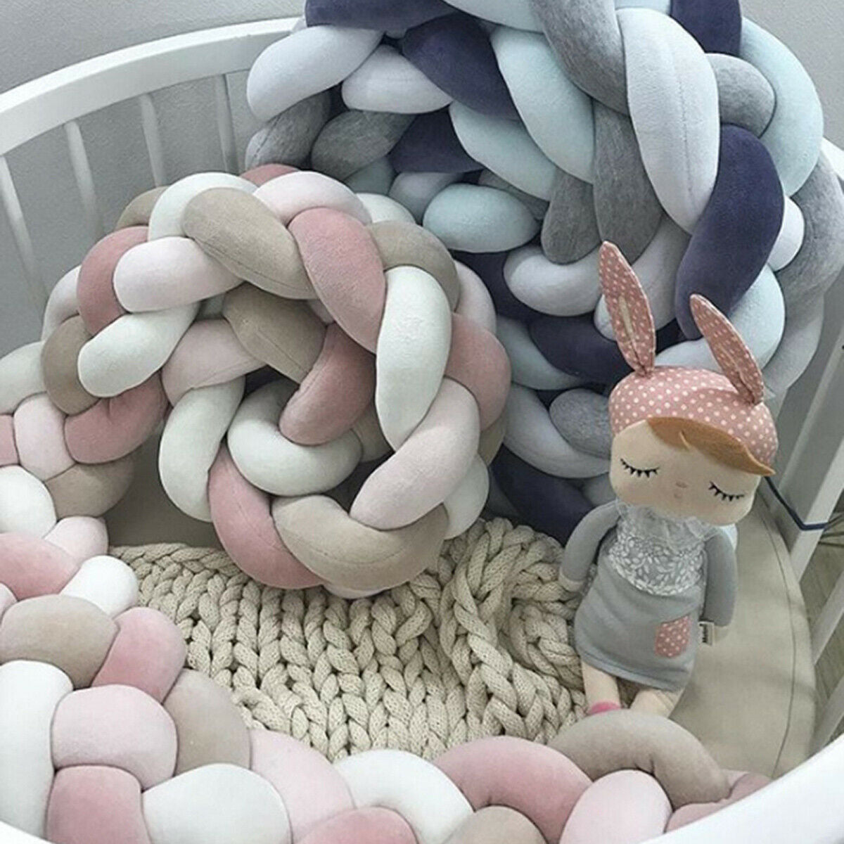 HKM-230099 Braided Crib Bumper Knot Pillow Cushion - Multi-Use Bedding Decor for Babies