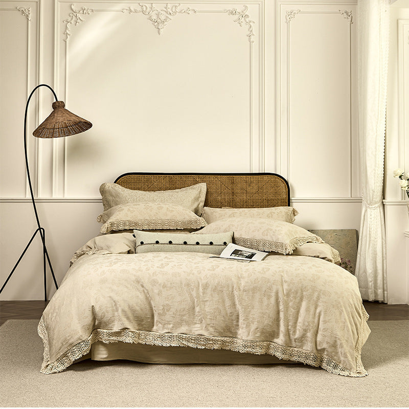 HKM-230163 Cotton Linen Jacquard Yarn-Dyed Four-Piece Bed Sheet Set for Double Beds