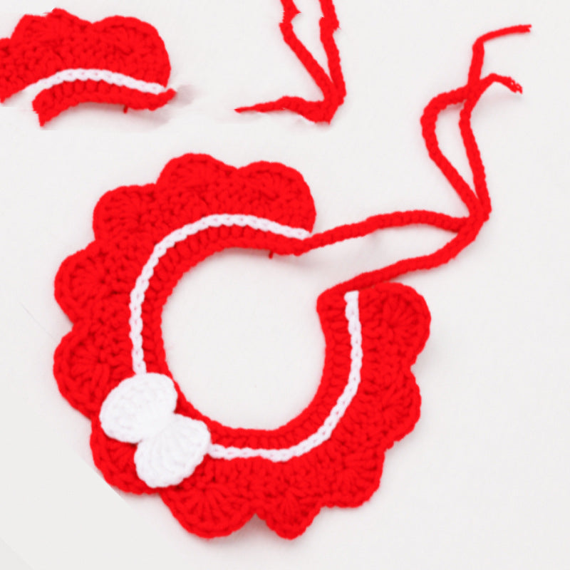 HKM-2302141 Hand-Knitted Adjustable Flower Bow Cat and Dog Collar in Red, Blue, Pink, White, and Navy Blue - Made from Soft Milk Cotton