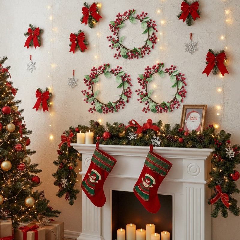 HKM-230291 Set of 3 13-Inch Christmas Wreaths with Red Berries and Pine Cones for Holiday Home Decor